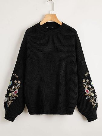 Amazon.com: GaYouny Drop Shoulder Embroidery Floral Oversized Women Sweater Pullover Casual Sleeve Sweater Beatirce (Color : Black, Size : S.) : Clothing, Shoes & Jewelry