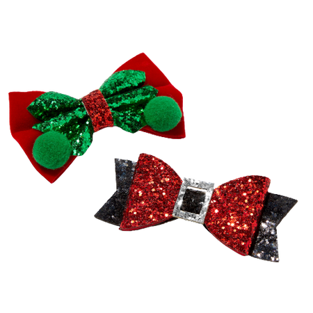 Claire's Santa & Elf Glitter Bow Hair Clips - 2 Pack