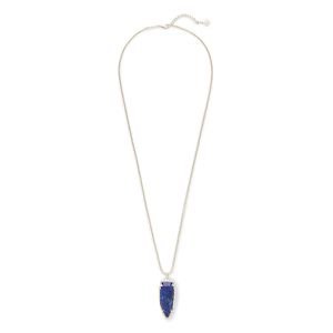 silver long blue rock pendant necklace