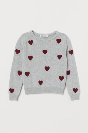 Fine-knit cotton jumper - Light grey marl/Hearts - Kids | H&M GB