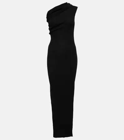 Ribbed Knit One Shoulder Virgin Wool Maxi Dress in Beige - Rick Owens | Mytheresa