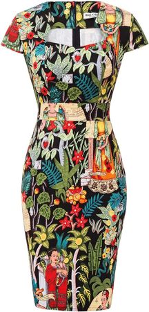 Women's 50s Vintage Printed Leaves Pencil Dress Cap Sleeve Wiggle Dress Large at Amazon Women’s Clothing store
