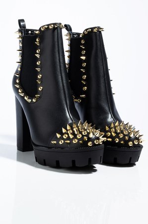 CAPE ROBBIN Spiked Stud Faux Leather Lug Sole Block Heel Ankle Height Bootie In Black/Gold Spikes