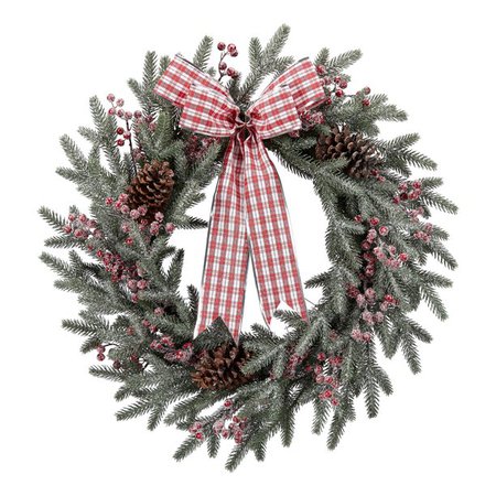 Holiday Time Frosted Evergreen Wreath, Red Plaid Bow, 28" - Walmart.com - Walmart.com