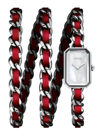 red and silver chain bracelet watch