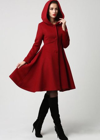 red winter coat woman hooded