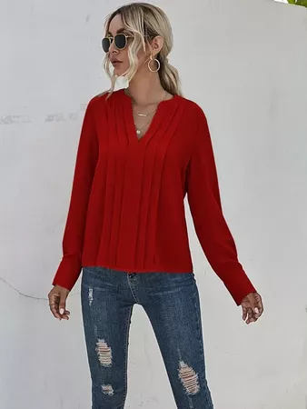 Notched Neck Pleated Decoration Blouse | SHEIN USA