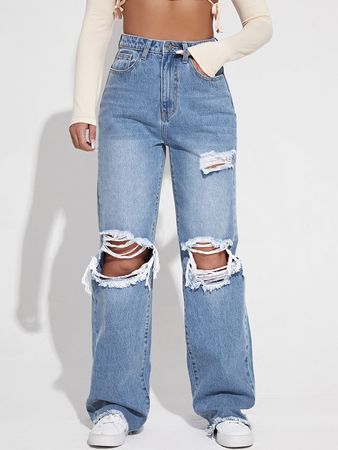 SHEIN EZwear Ripped Cutout Wide Leg Jeans | SHEIN USA