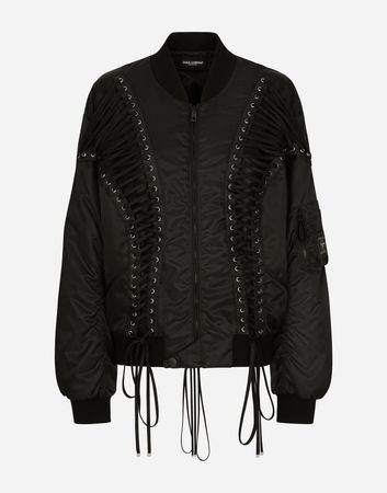 Technical fabric bomber jacket with laces and eyelets in Black for Women | Dolce&Gabbana®