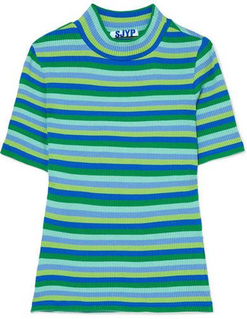 Striped Ribbed Cotton-blend T-shirt - Green
