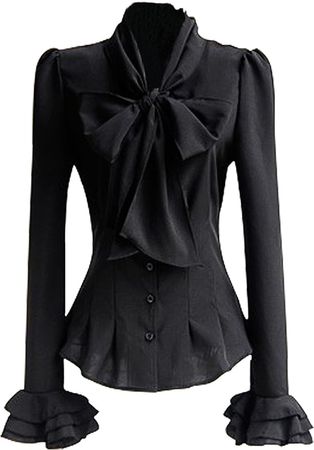 PrettyGuide Women Stand-Up Collar Lotus Ruffle Shirts Blouse Bow Black US L at Amazon Women’s Clothing store