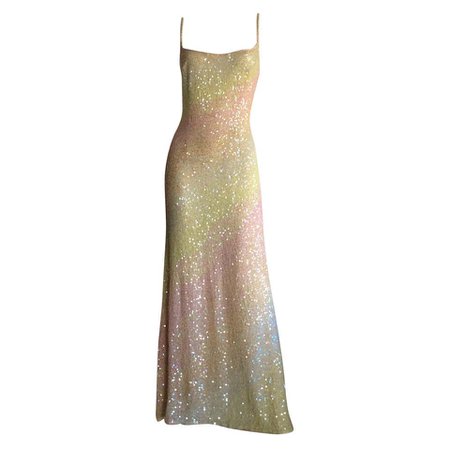 Exceptional Vintage Frank Usher Crystals and Sequins Rainbow Gown at 1stDibs