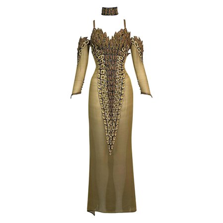 F/W 1992 Chanel Haute Couture Attributed Sheer Gold Choker High Slits Dress