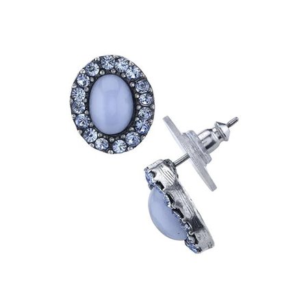 Pewter Tone Lt. Blue Moonstone and Crystal Oval Post Button Earrings
