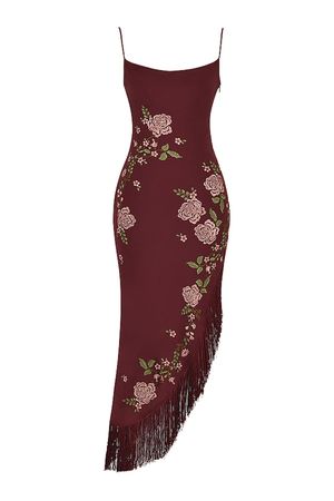 Clothing : Midi Dresses : 'Eloisa' Wine Embroidered Midi Dress