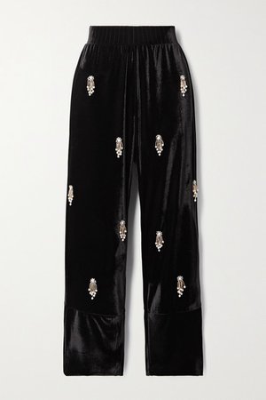 Embellished Stretch-velvet Straight-leg Pants - Black