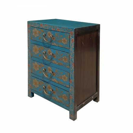 Bright Blue Lacquer Golden Flower End Table Nightstand Dresser | Chairish