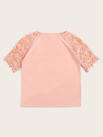 Contrast Lace Sleeve Tee | SHEIN