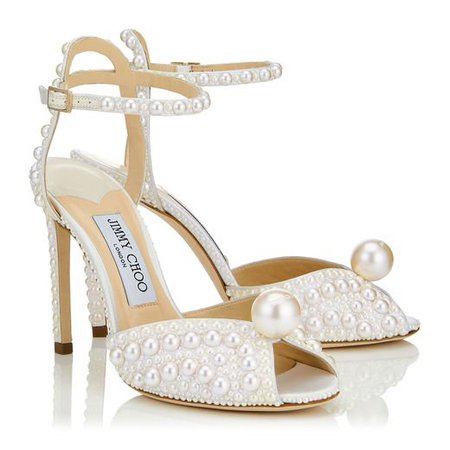 White Satin Sandals with All Over Pearls | SACORA 100 | Autumn Winter 18 | JIMMY CHOO