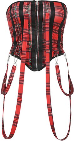 Womens Corset Top Cinher Camouflage Girdle Y2K Bustier Underbust Zip-Up Body Shaper Waist Slimmer Trainer Belt (Red-Plaid, S ) at Amazon Women’s Clothing store