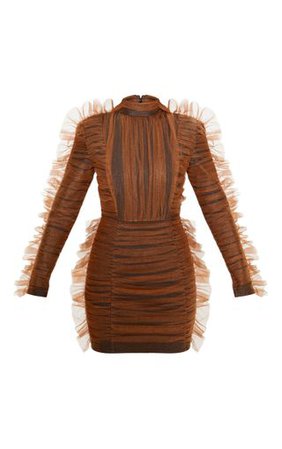 Brown Bandage Chiffon Frill Bodycon Dress | PrettyLittleThing