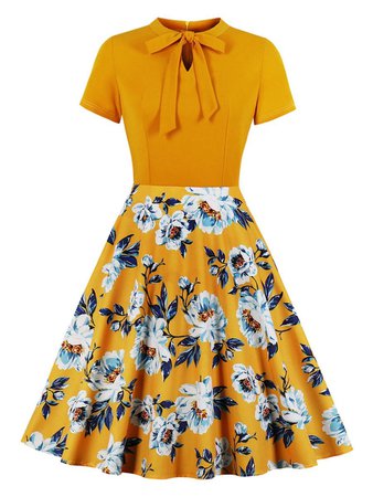 [44% OFF] Floral Pussy Bow Fit And Flare Dress | Rosegal