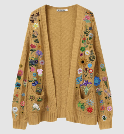 yellow chunky cardigan with flower patches