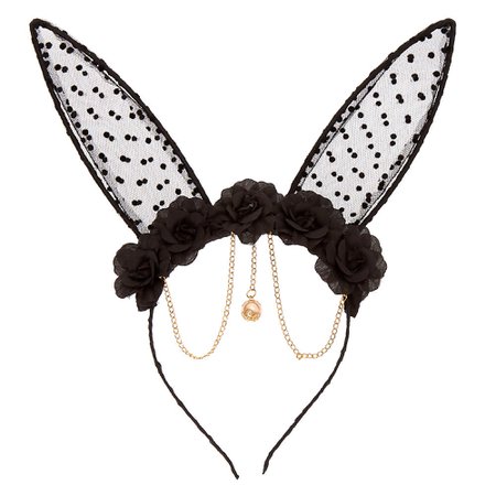 Floral Polka Dot Bunny Ears Headband - Black