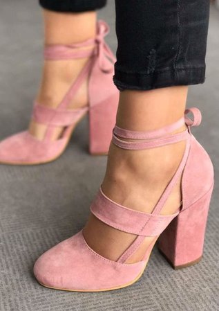 Pink Lace Up Chunk Heels