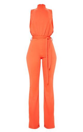 Bright Orange Scuba High Neck Tie Waist Jumpsuit | PrettyLittleThing