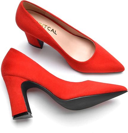 Amazon.com | HHTCAL Closed Pointed Toe Red Chunky Block Heel Pumps High Heels for Women Sexy Elegant Formal Work Office Ladies Dress Shoes US Size 8 | Shoes