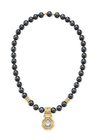 DIAMOND, HEMATITE BEAD AND GOLD PENDANT NECKLACE, BY CHAUMET