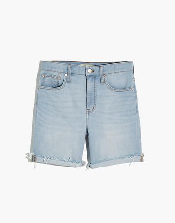 High-Rise Mid-Length Denim Shorts in Adeline Wash blue