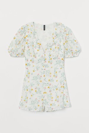 Puff-sleeved Romper - White/floral - Ladies | H&M US