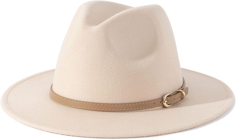 Lisianthus Women Classic Felt Fedora Wide Brim Hat with Belt Buckle A-Creamy at Amazon Women’s Clothing store
