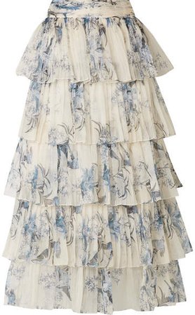 Journey Of The Soul Tiered Pleated Floral-print Silk-organza Skirt - White