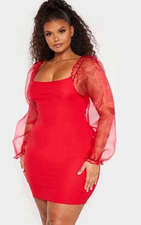 Plus Red Long Sleeve Organza Bodycon Dress | PrettyLittleThing