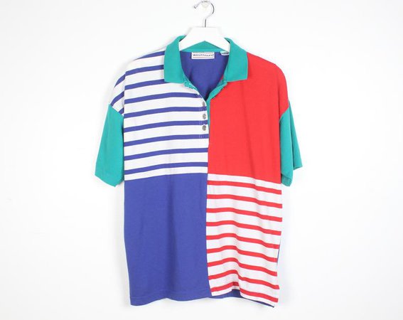 Vintage 80s Boyfriend Shirt Color Block Striped Red Blue Teal | Etsy
