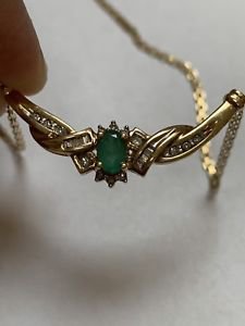 10K YELLOW GOLD NECKLACE WITH OVAL CUT NATURAL EMERALD AND DIAMOND ACCENT | eBay