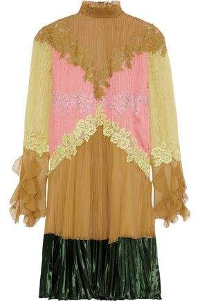 Lace-trimmed Velvet-paneled Color-block Silk-chiffon Mini Dress