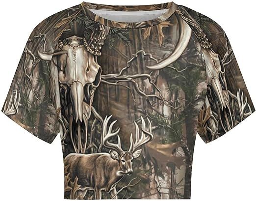Deer Hunting Camo Buffalo Skull Women's Navel Exposed T Shirt Casual Blouses Crewneck Crop Tops for Home Work at Amazon Women’s Clothing store
