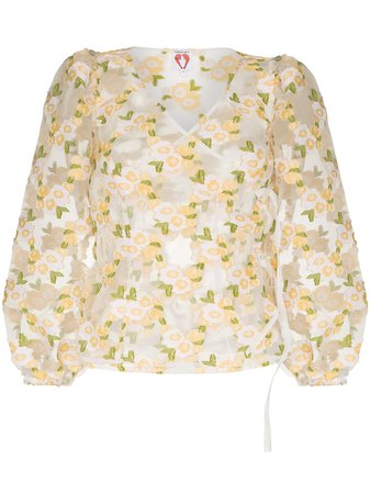 Shrimps Cordelia floral-embroidery puff-sleeve blouse