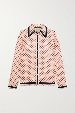 Ivory Grosgrain-trimmed printed silk-twill blouse | Gucci | NET-A-PORTER