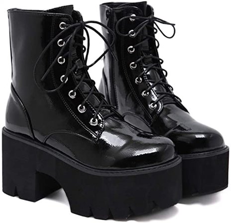 Amazon.com: AIMODOR Womens Chunky Platform Goth Combat Boots with Chains Punk High Heel Lace Up Ankle Boots 4,Black: Shoes