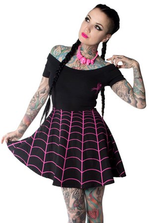 Spiderweb Pink Web Off Shoulder Skater Dress by Kreepsville