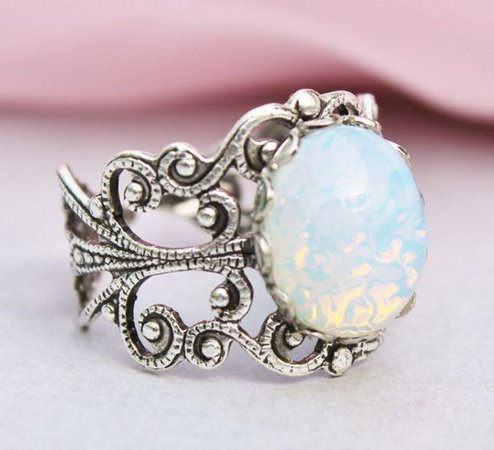 Silver Opal Ring,Silver Filigree Ring,Vintage White Glass Pinfire Opal,STURDY Adjustable