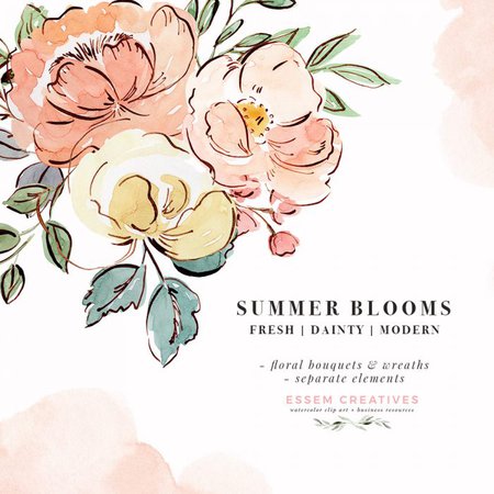 Summer Floral Watercolor Graphics Clip Art, Blush Pink Peach Yellow Peonies and Roses PNG