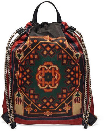 Leather-trimmed Printed Shell Backpack - Green