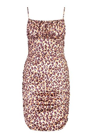 Leopard Print Satin Ruched Midi Dress | boohoo