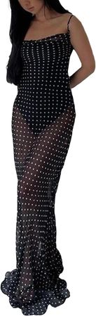 Amazon.com: Women's Bodycon Long Dress Spaghetti Strap Cowl Neck Dots Print Party Dress Casual Low Back Dress : Clothing, Shoes & Jewelry